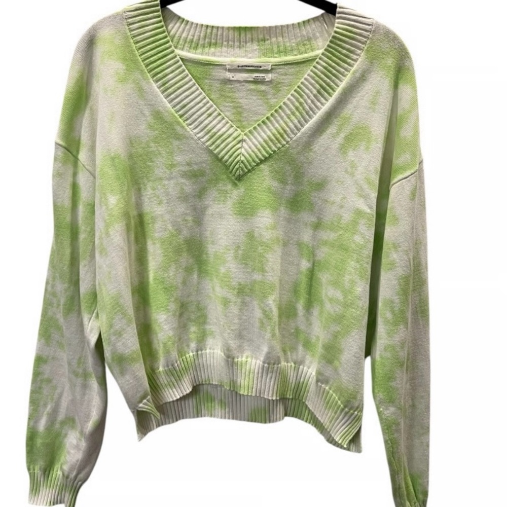 Anthropologie Lime Tie-Dye V-Neck Sweater